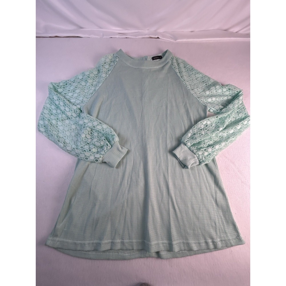 Miholl Shirt Women's s L Mint Green Waffle Lace Sleeve Pullover Stretch Sheer